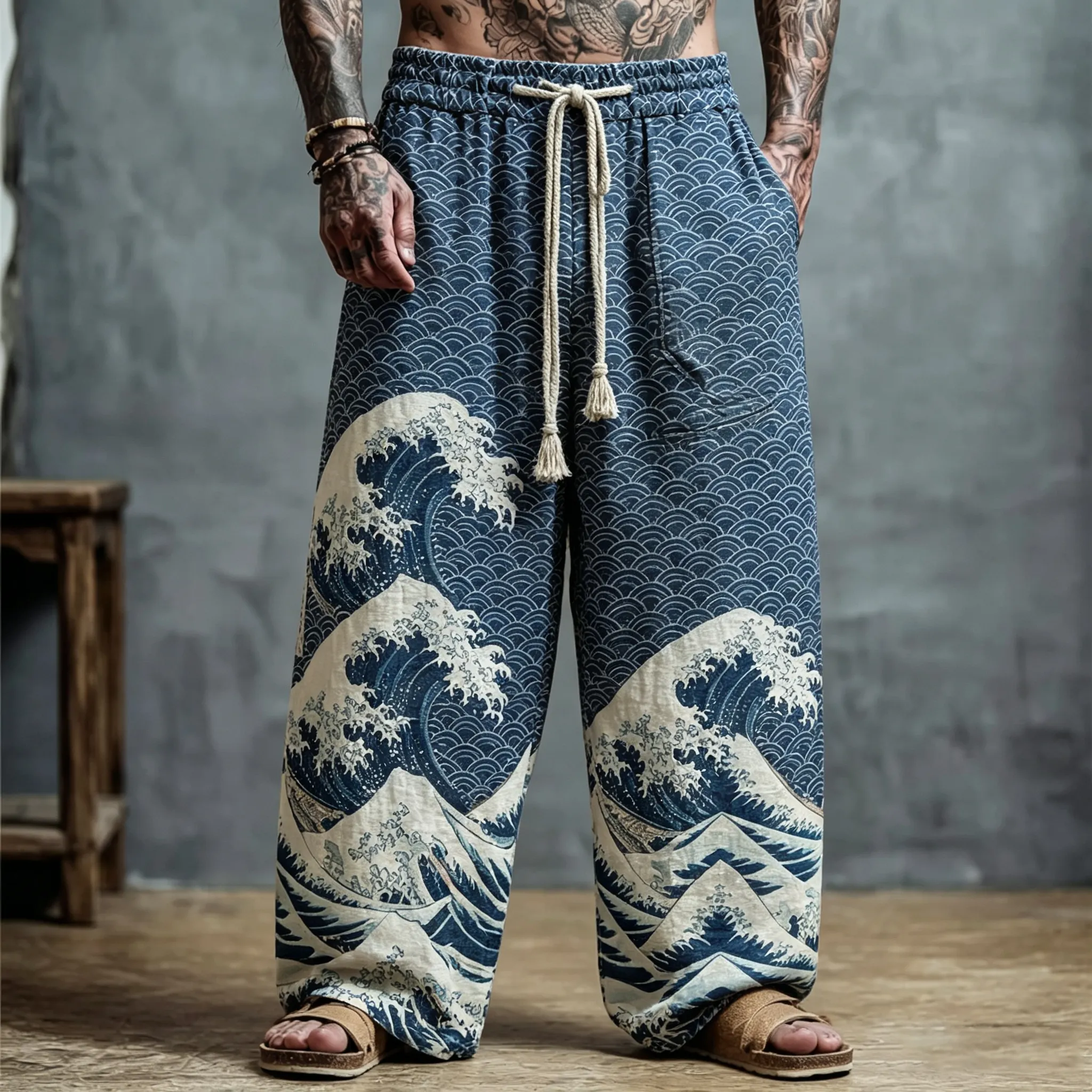 Japanese Art retro Wave holgado de algodón de lino Trousers para hombre
