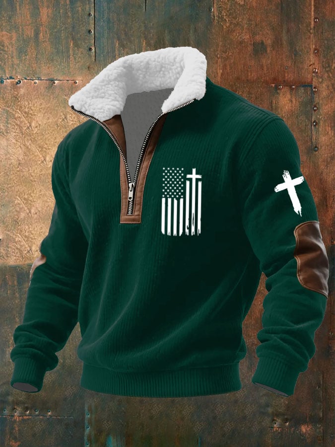 Sudadera Flag Cross estampado tejidoted Fabric cierre Fur cuello para hombre