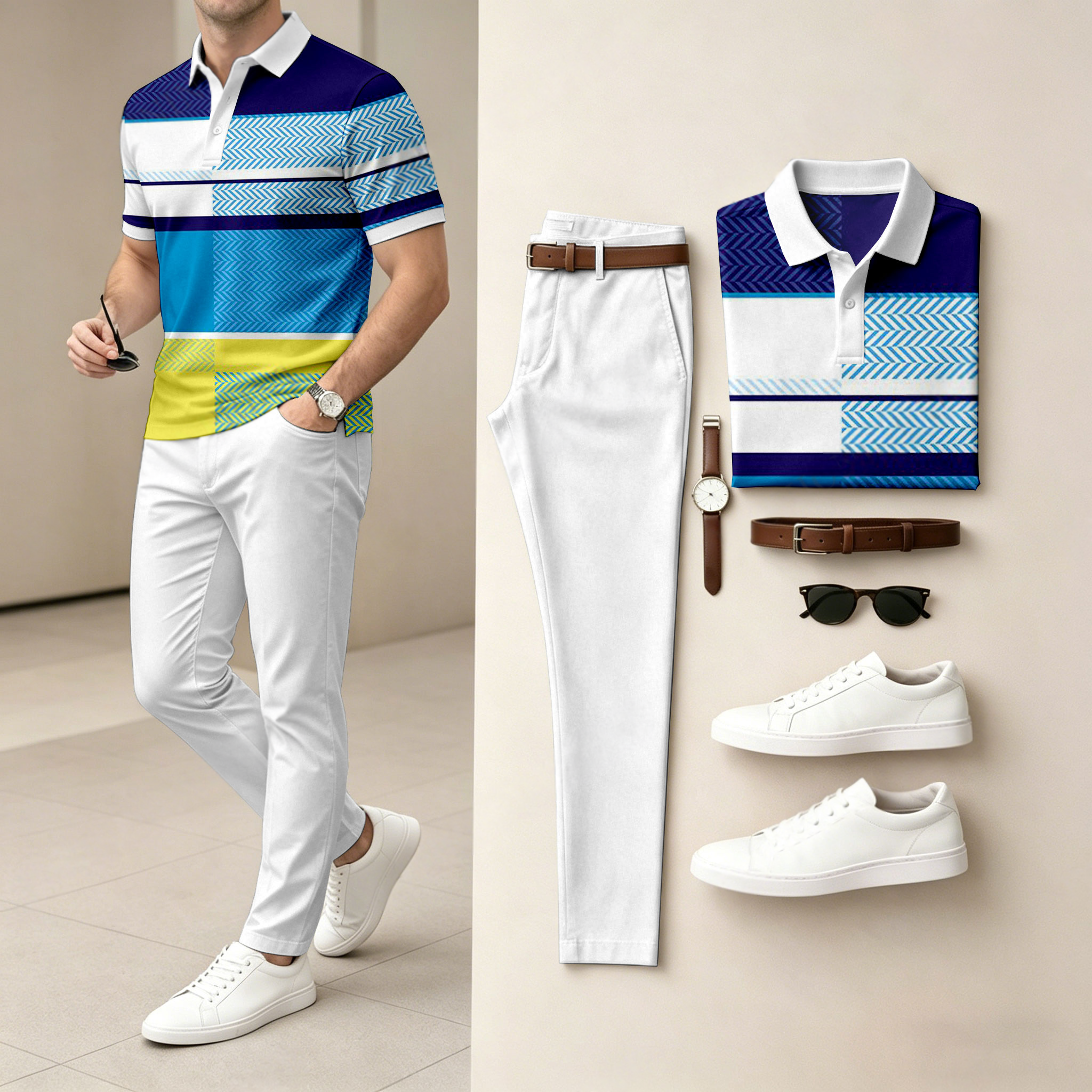 Camisa polo casual Color-Blocked estampado de manga corta And pantalón Set (Excludes Accessories Such As Watches And Belts) para hombre