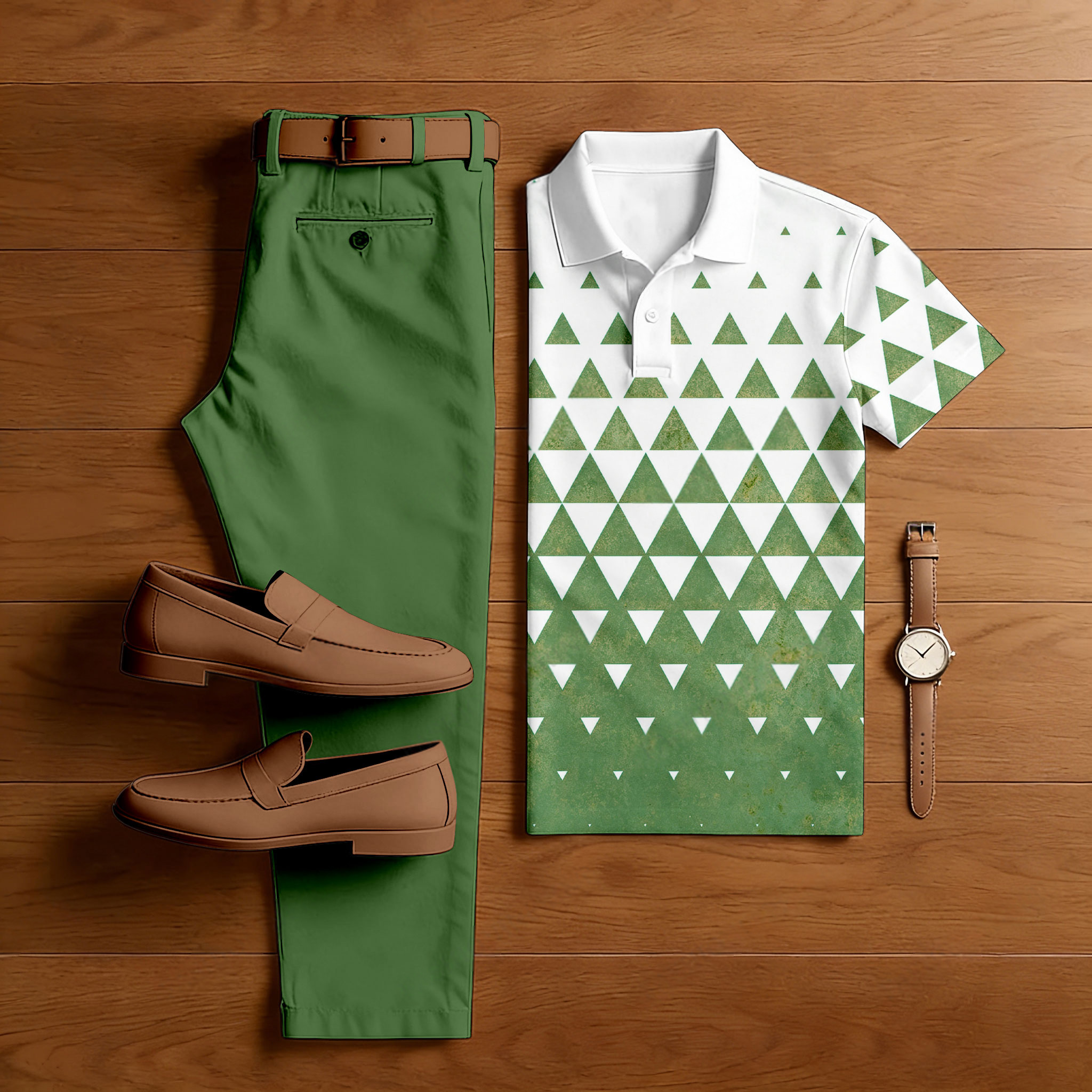 Conjunto de dos piezas casual Green Triangle estampado camisa polo And pantalón para hombre