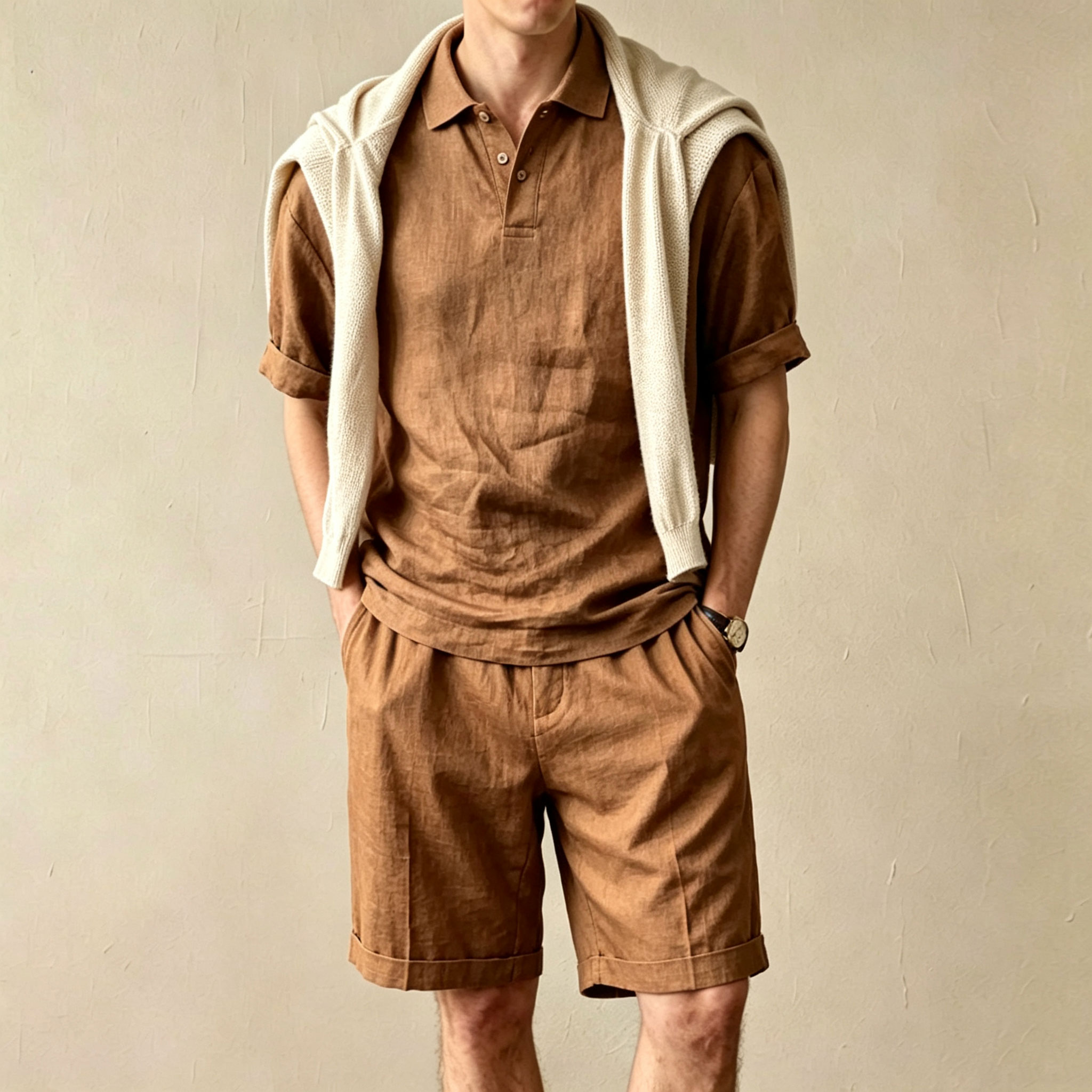 Conjunto de dos piezas casual Solid-Color estampado de manga corta camisa polo and shorts para hombre