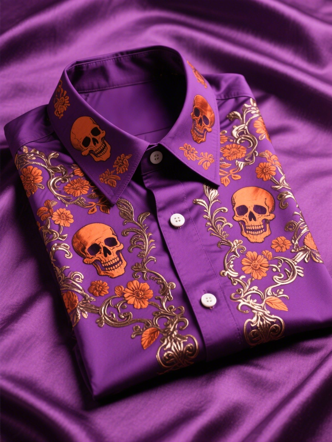 Camisa satén de lujo ejecutivo Skull de manga corta Button para hombre