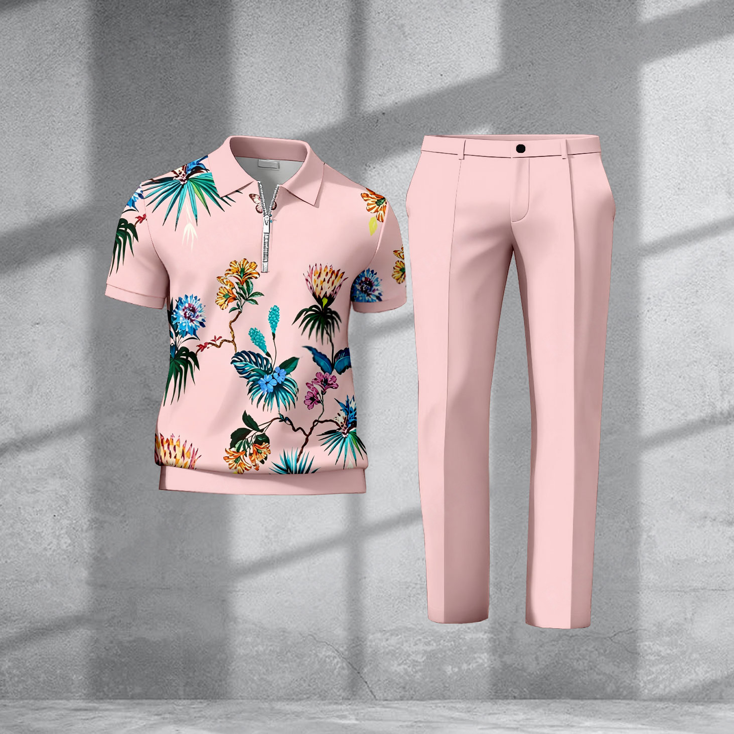 Conjunto de dos piezas casual Pink estampado Polo de manga corta camiseta And pantalón para hombre