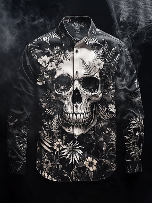 Camisa para exterior vintage Skull and floral de manga larga para hombre