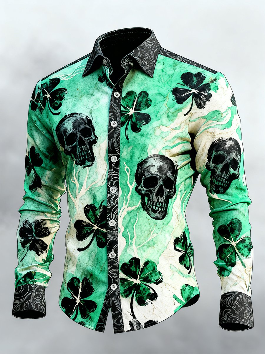 Camisa retro St. Patrick's Day Skull de manga larga para hombre