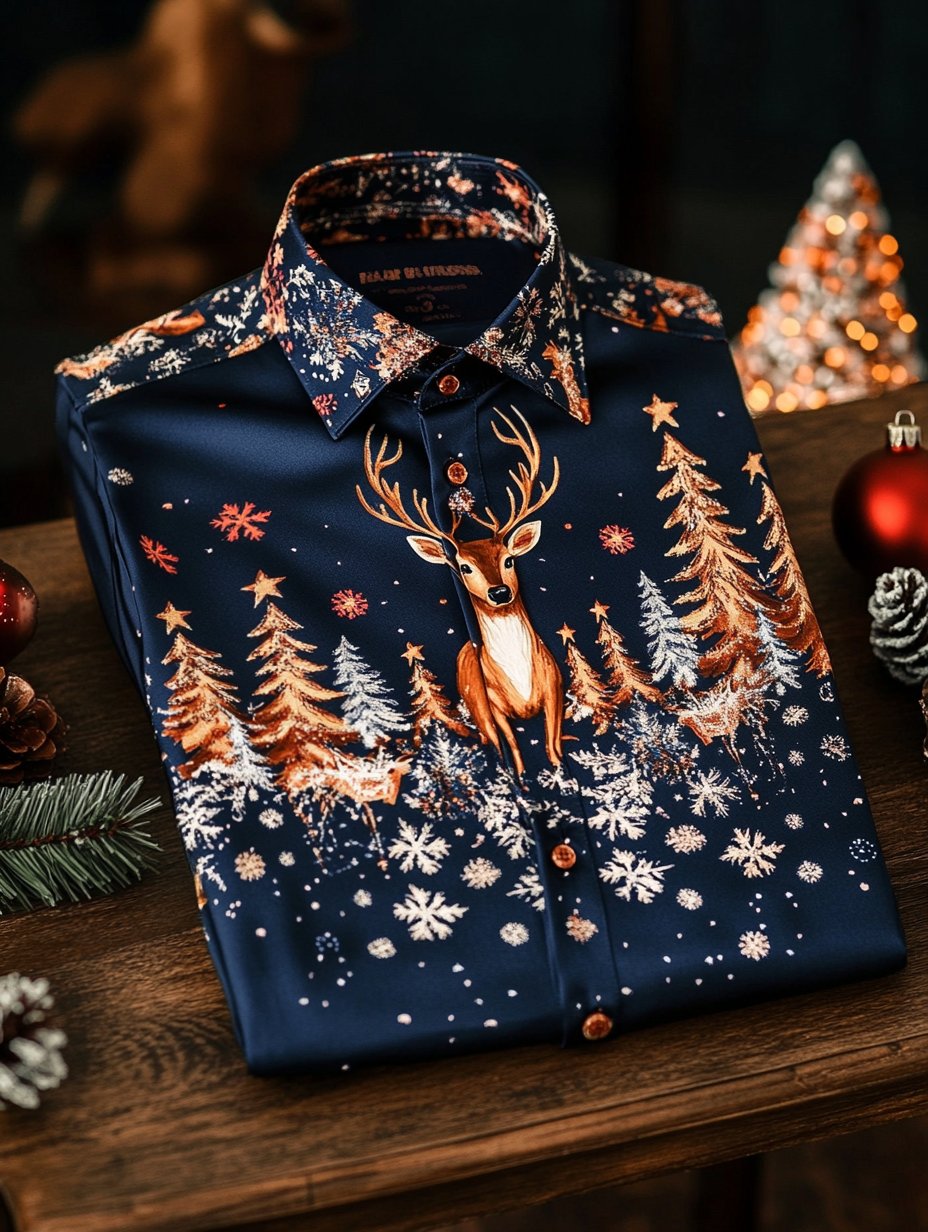 Camisa de lujo Christmas Party de manga larga con botones para hombre