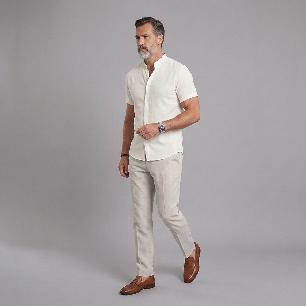 Camisa de manga corta with Stand-Up Collar: Lightweight, transpirable, and Textured para hombre