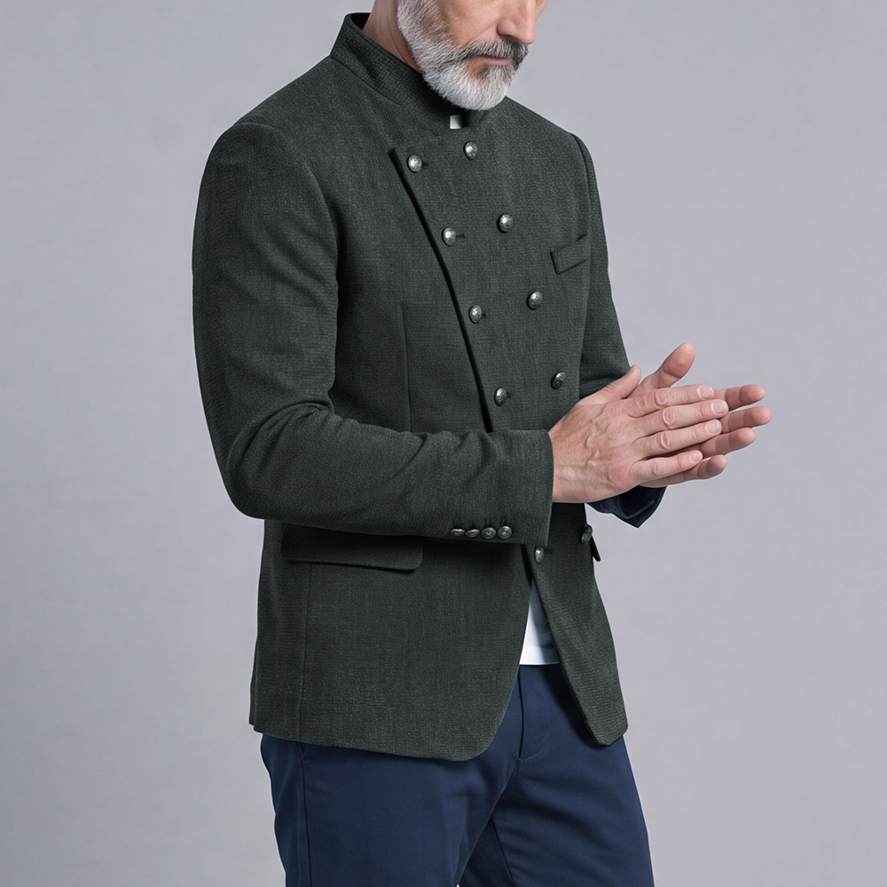 Double-Breasted Slim-Fit Stand-Up Collar Suit with Diagonal Placket para hombre
