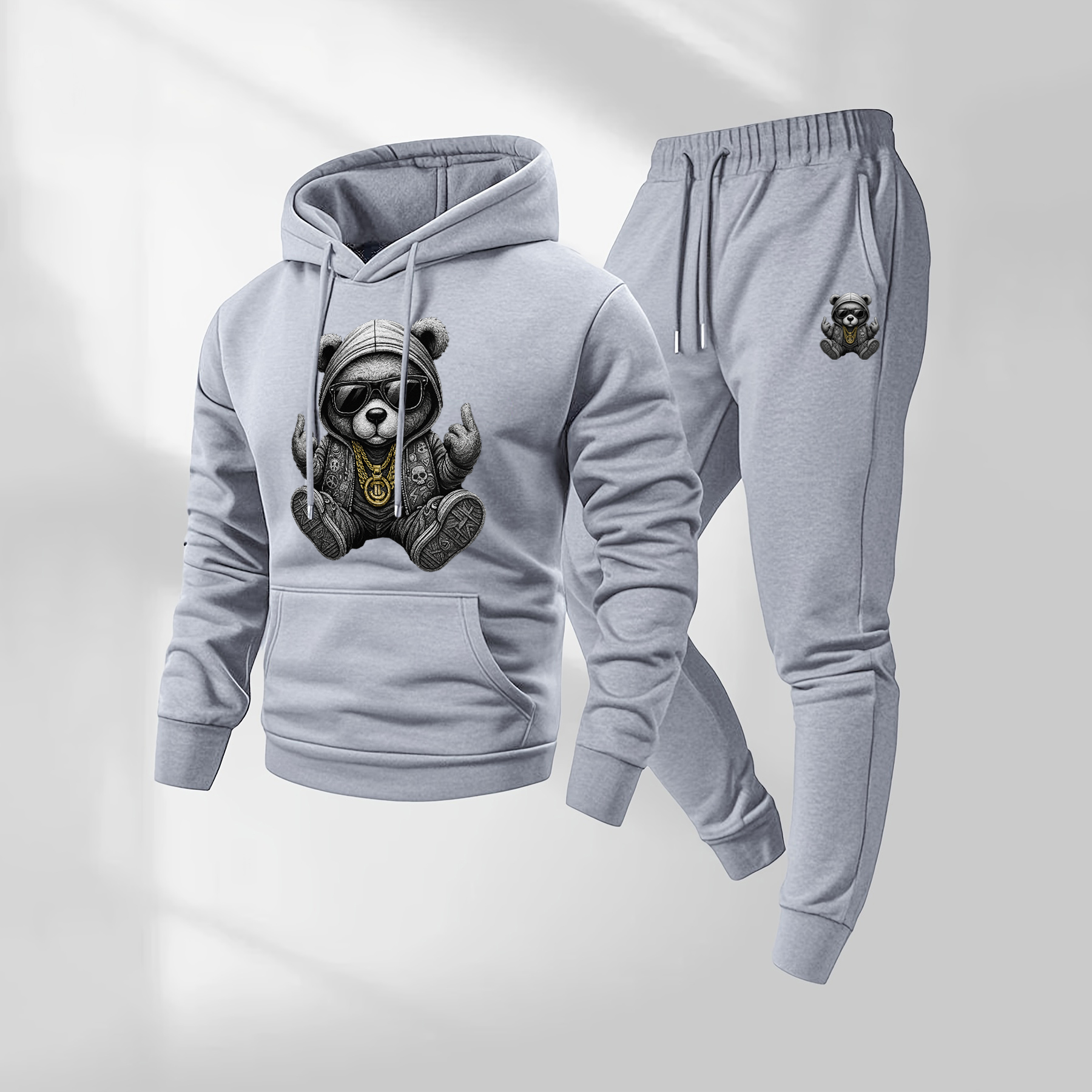 Sudadera con capucha Hip Hop Cartoon Bear Patterned And Drawstring Track pantalón Set, casual Athletic de manga larga Hooded chaqueta And pantalón, Suitable For Fall And Winter, Street Style sudadera con capucha Set, Indoor And para exterior Sportswear, para hombre