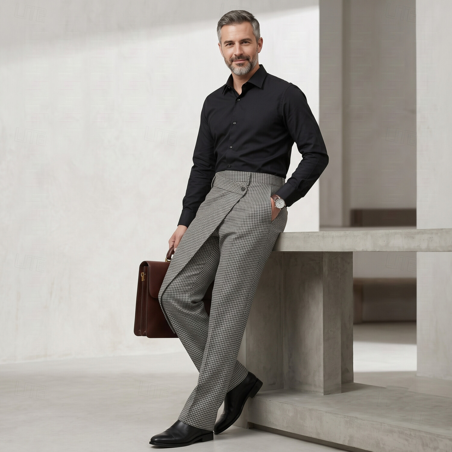 para hombre ejecutivo casual Houndstooth Pattern High Waist Asymmetrical Overlap Suit pantalón