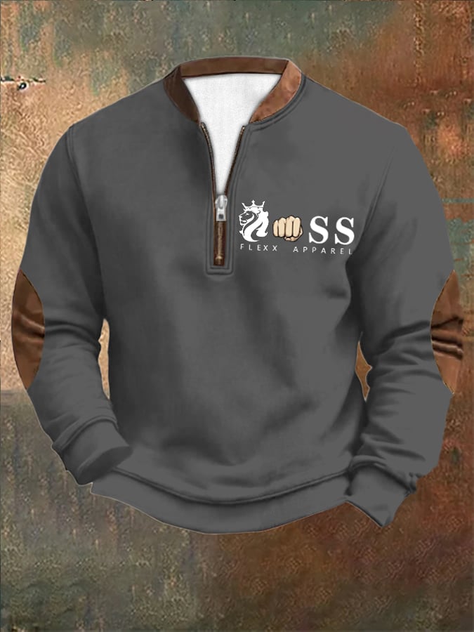 Sudadera retro Letter Design estampado cierre cuello para hombre
