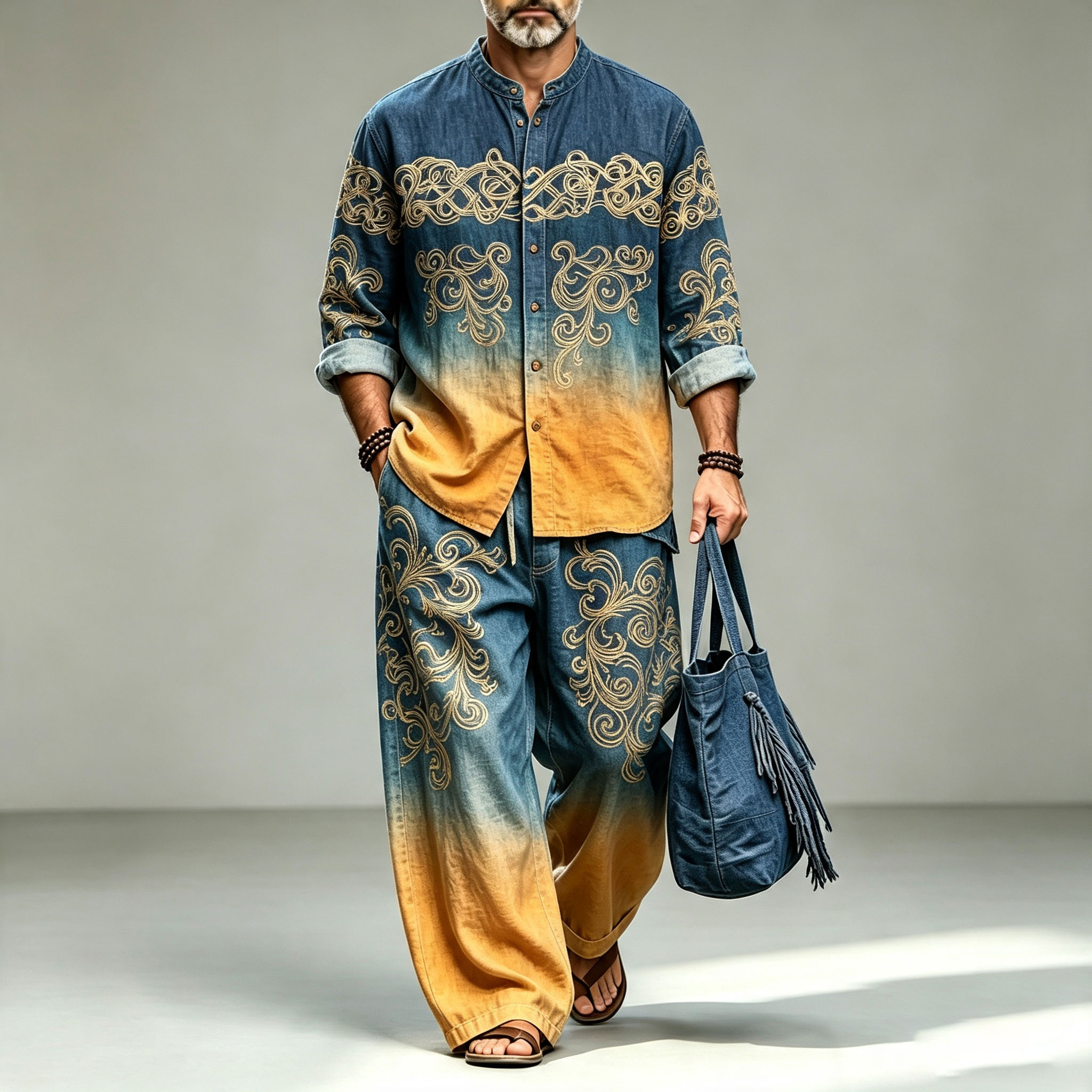 para hombre de manga larga camisa with Gradient Print and Stand-Up Collar and pantalón Set