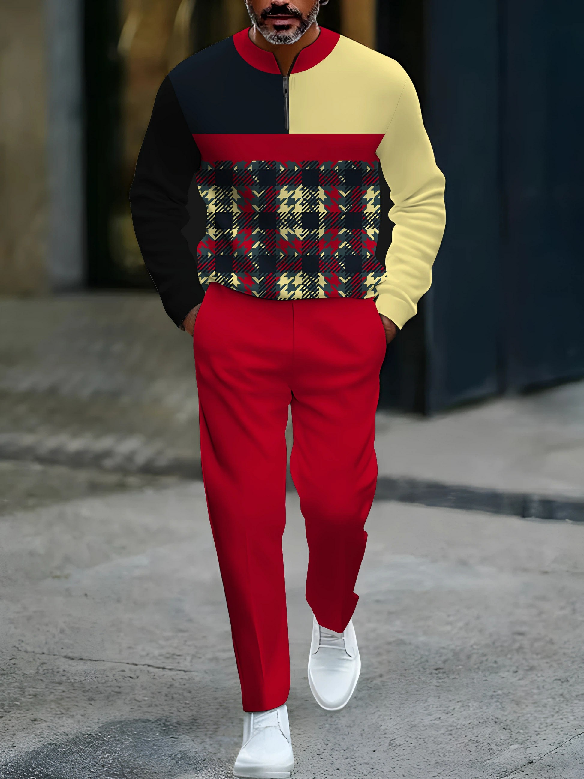 Conjunto de dos piezas casual Red Yellow Navy Color Matching geométrico estampado Round-Neck cierre de manga larga Tops & Trousers para hombre