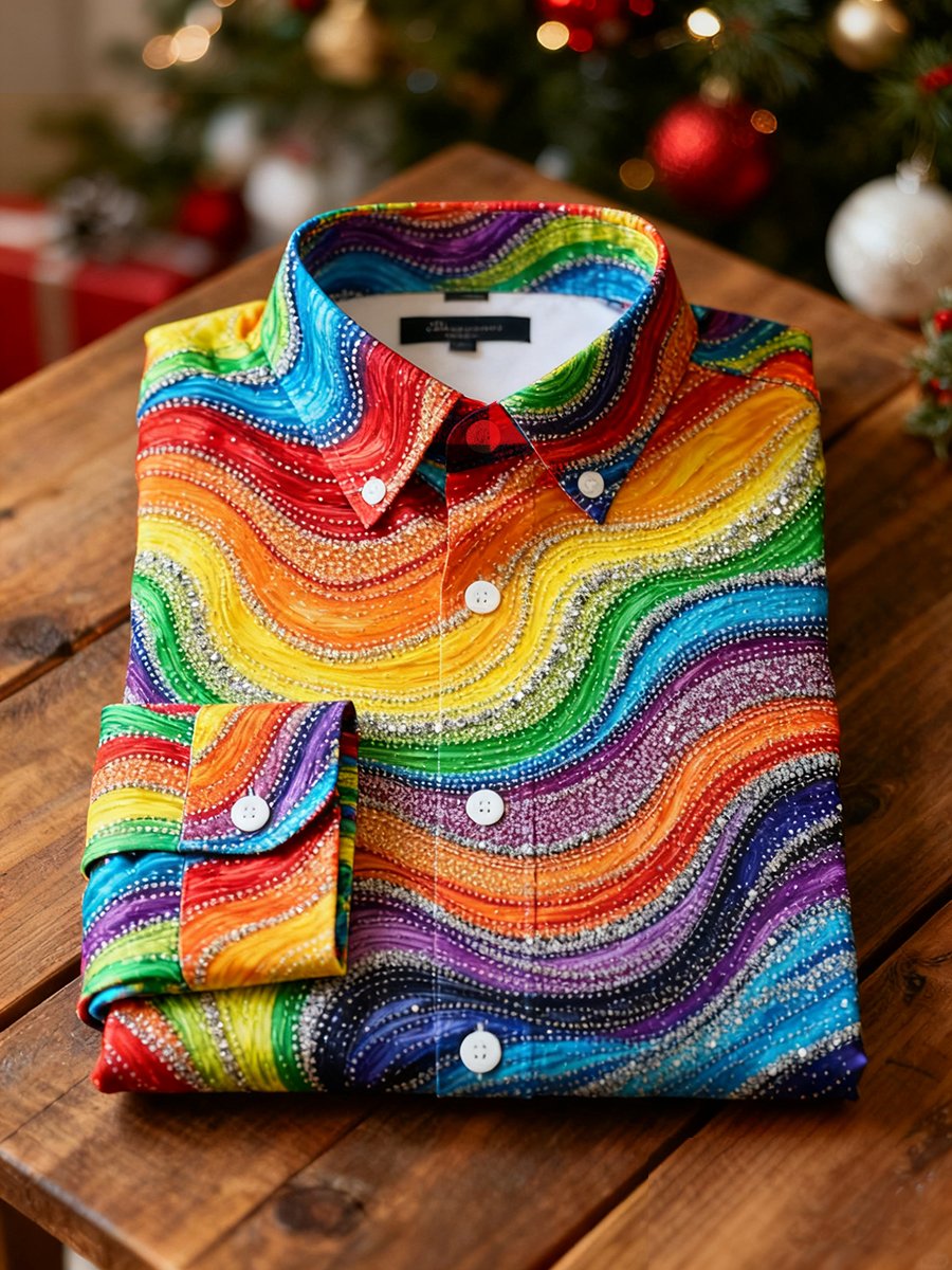 Camisa ejecutivo de lujo Rainbow Wave diseño Christmas de manga larga para hombre