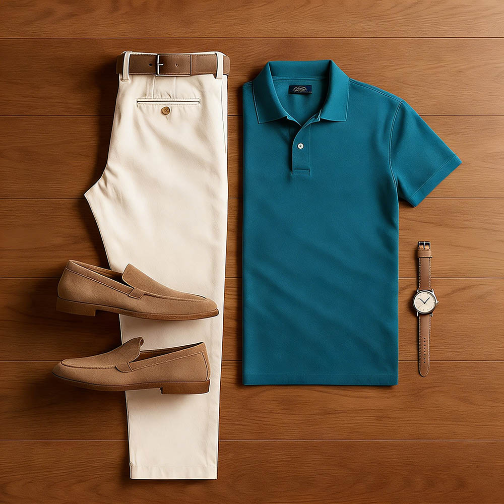 Conjunto de dos piezas casual Peacock Blue & Khaki Color Matching de manga corta camisa polo & Trousers para hombre