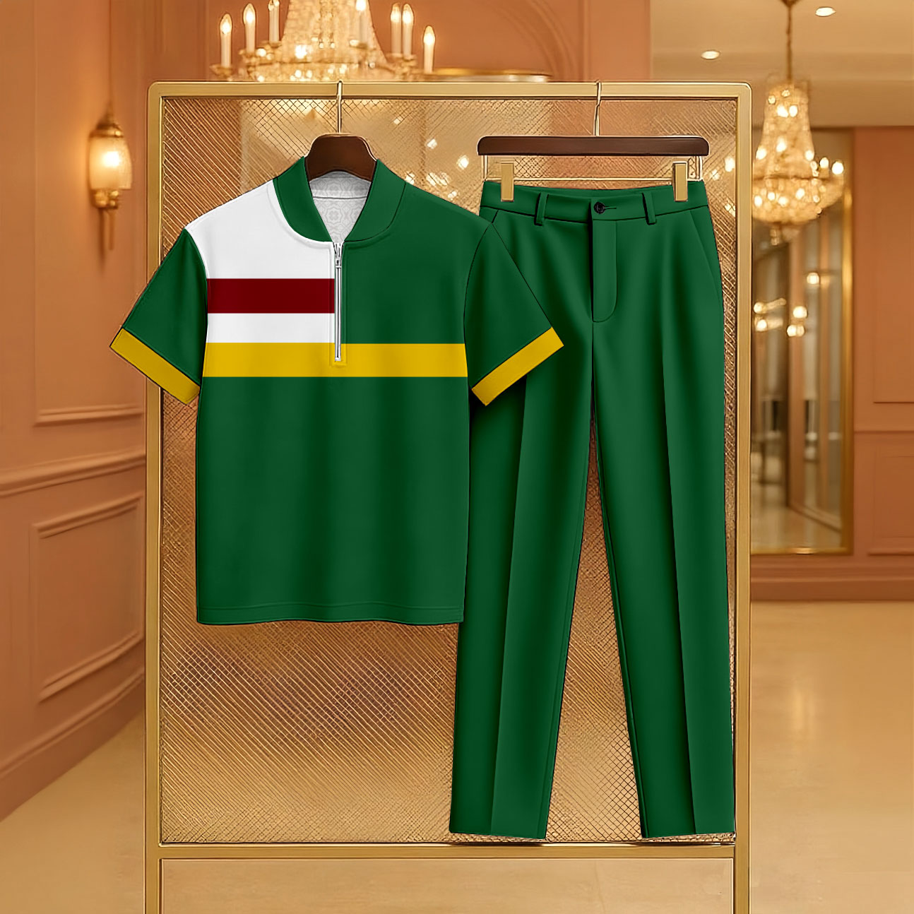Conjunto de dos piezas casual Green & Yellow Color Matching Geometric estampado Zipper de manga corta camisa polo & Trousers para hombre