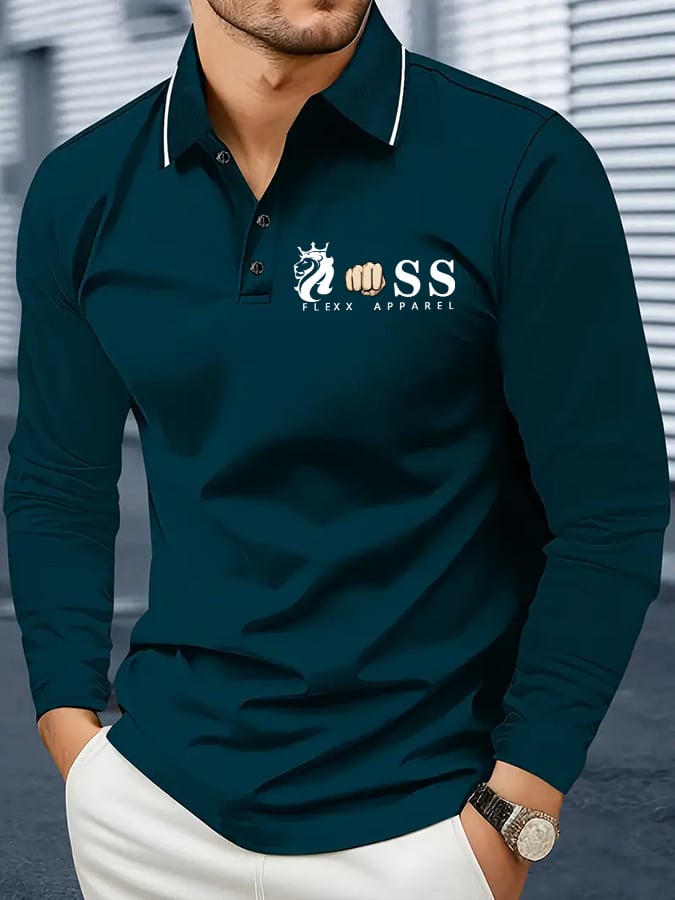 Camisa polo retro Letter Design ejecutivo de manga larga para hombre