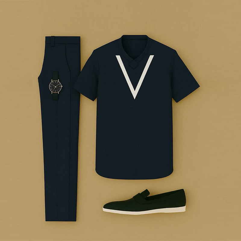 Conjunto de dos piezas casual Color Matching estampado de manga corta V-Neck camiseta & Trousers para hombre