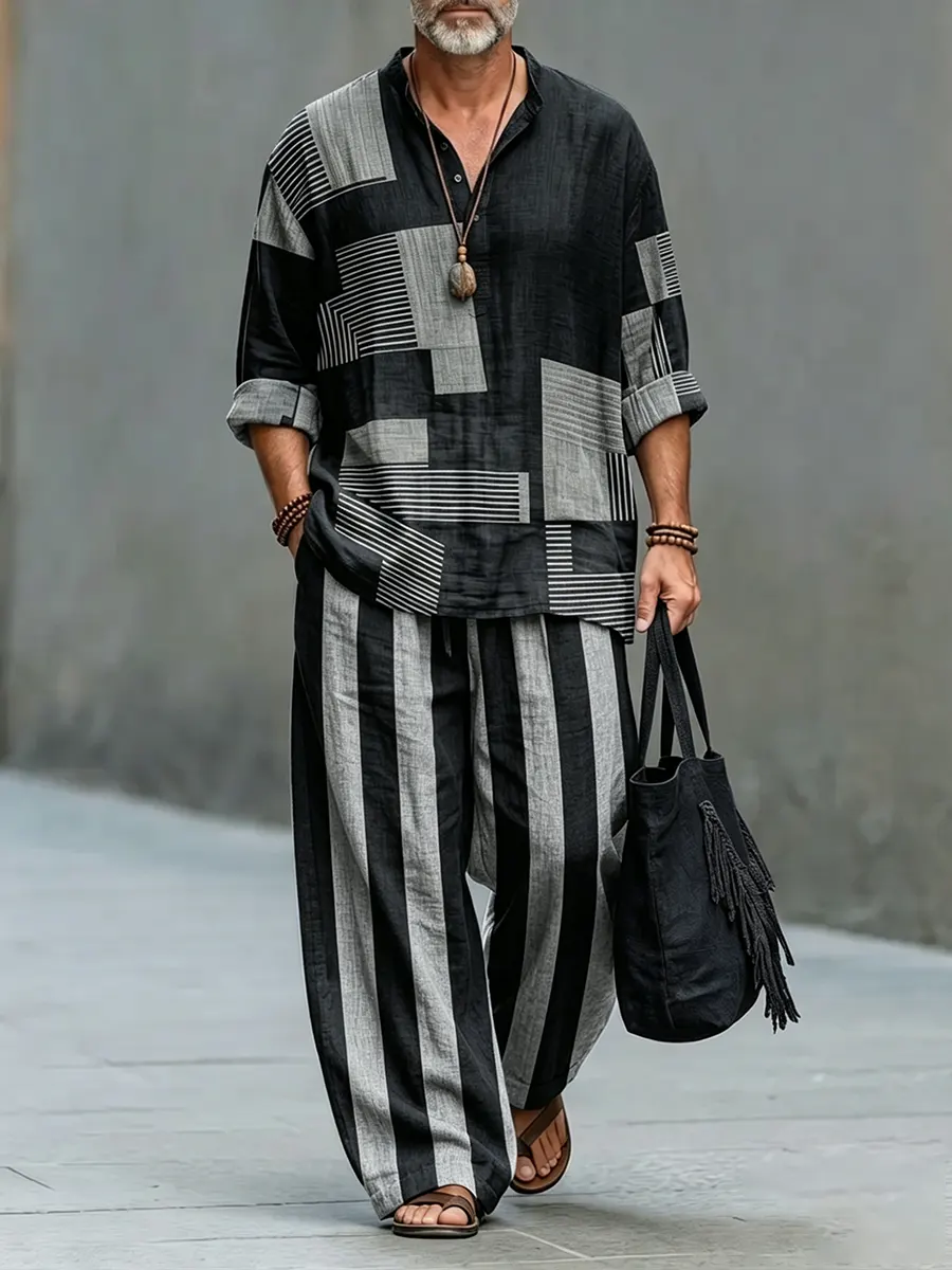 para hombre retro Geometric Patchwork Art Print de algodón camisa Set