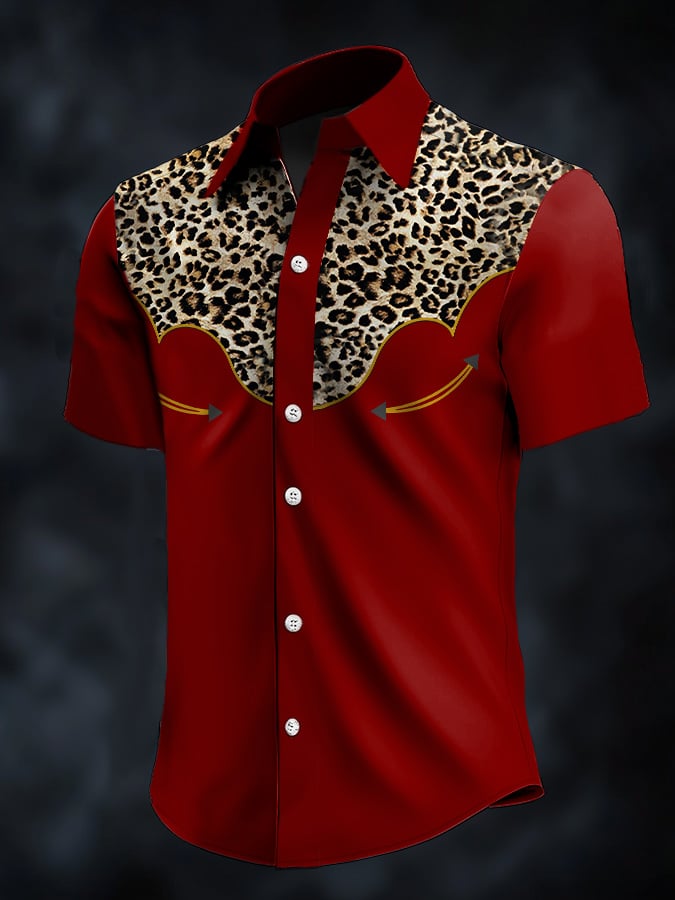 Camisa retro Western Contrast estampado de manga corta casual para hombre
