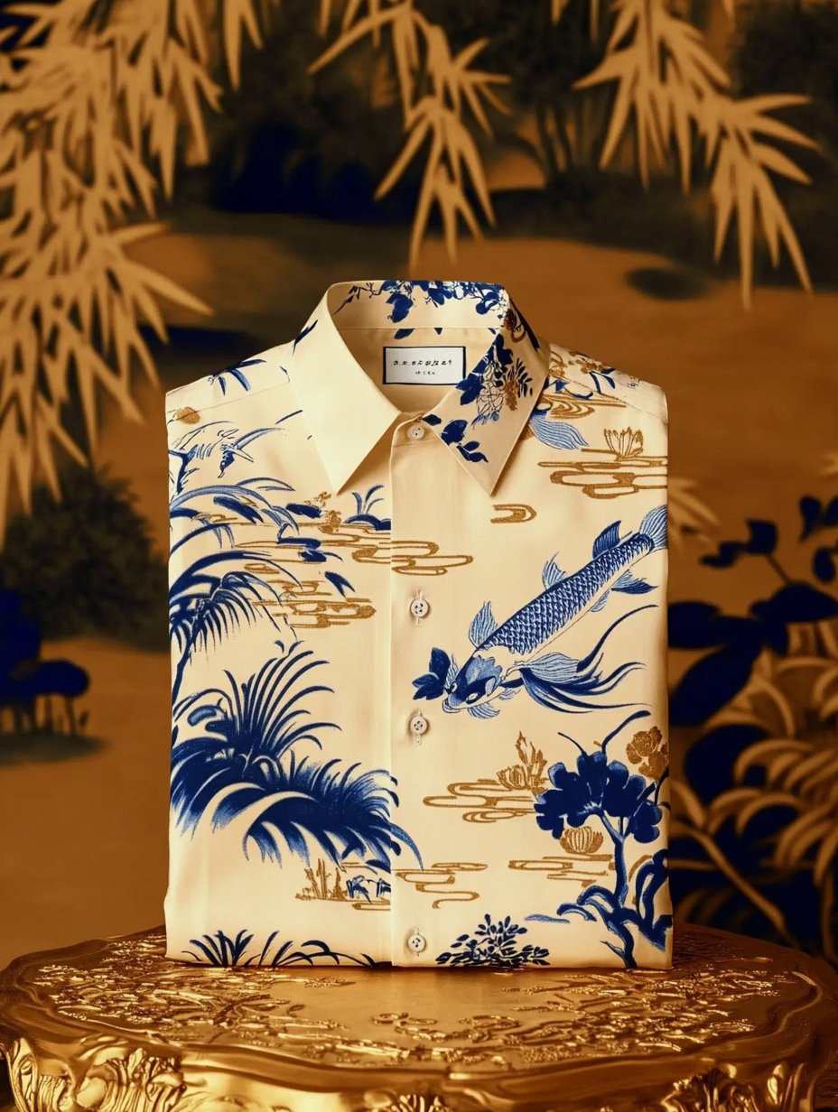 Camisa de lujo clásico Ukiyo-e de manga larga para hombre