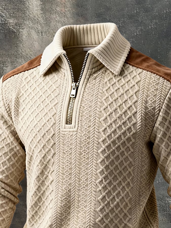 Sudadera vintage texturizado Fabric And gamuza Patchpara trabajo Color-Block de manga larga para hombre