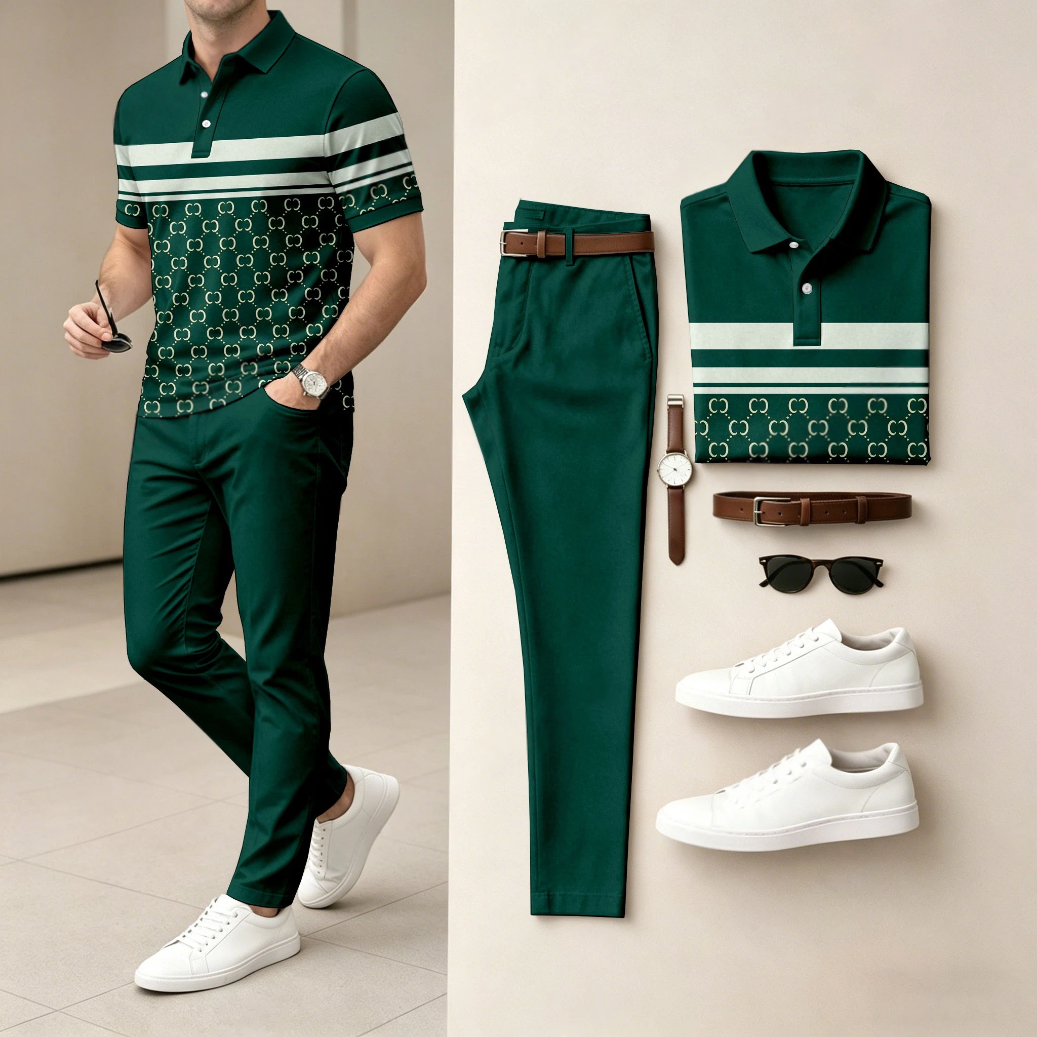 Conjunto de dos piezas casual Contrasting estampado camisa polo And pantalón para hombre
