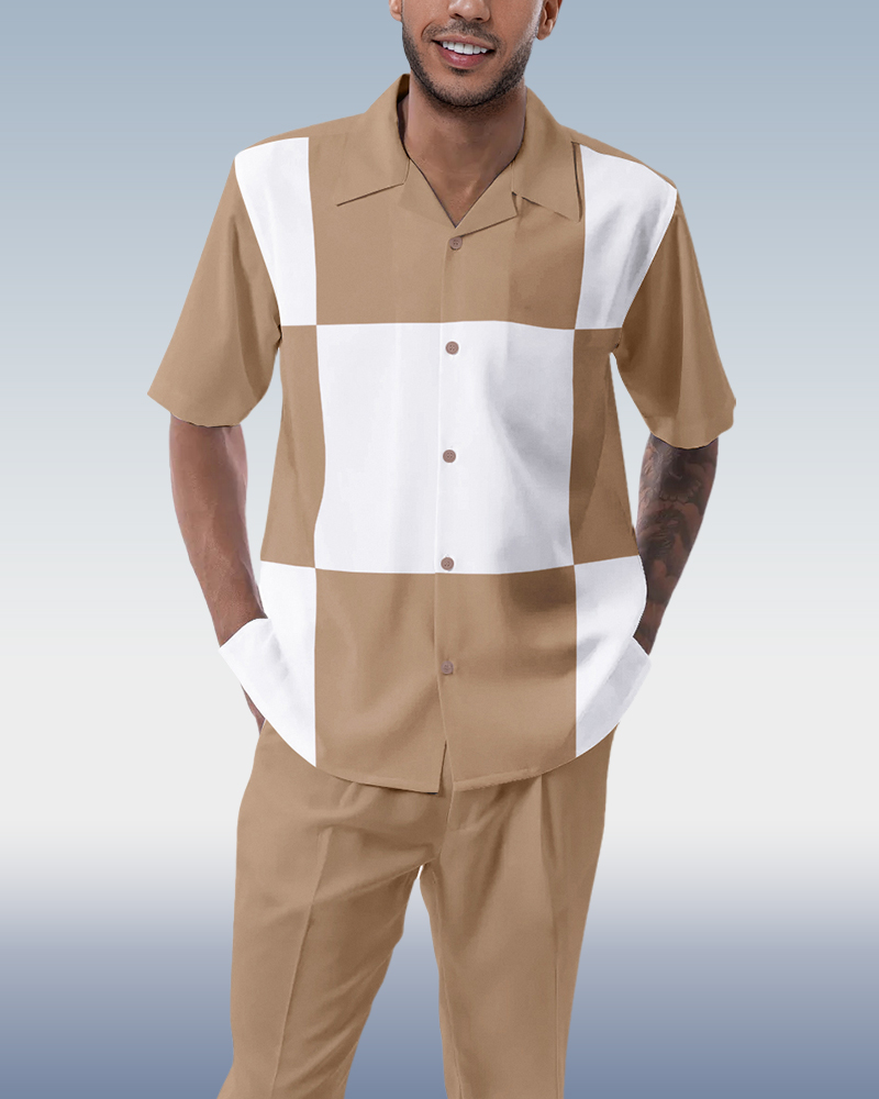 Khaki Block Walking Suit 2-Piece de manga corta Suit