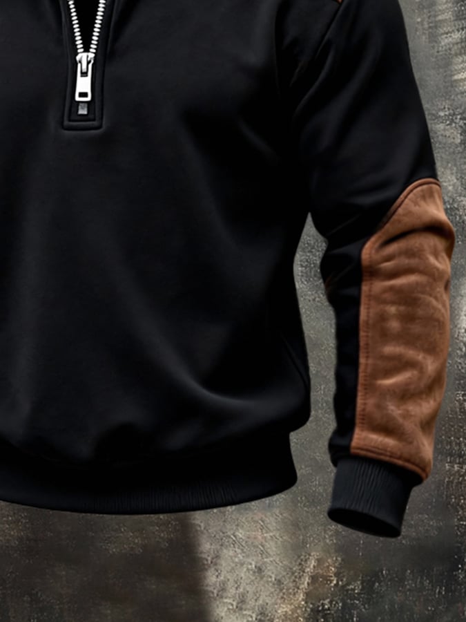 Sudadera vintage Style Color-Block Half-Zip With Fur cuello And de manga largas. para hombre