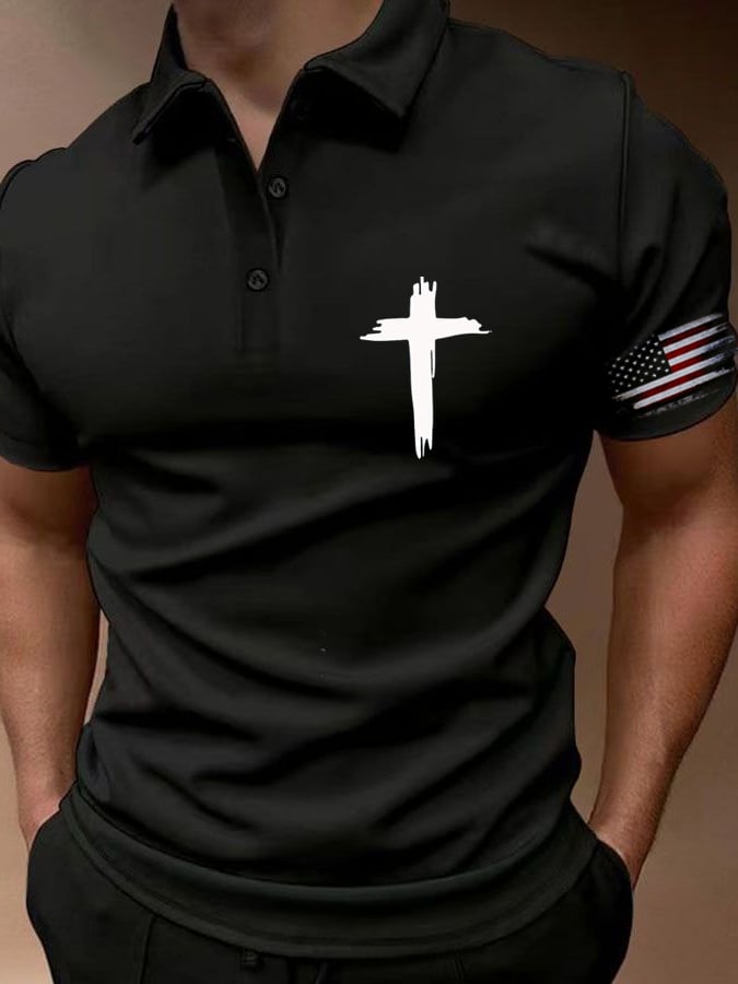 Camisa polo Flag Cross estampado Button casual para hombre