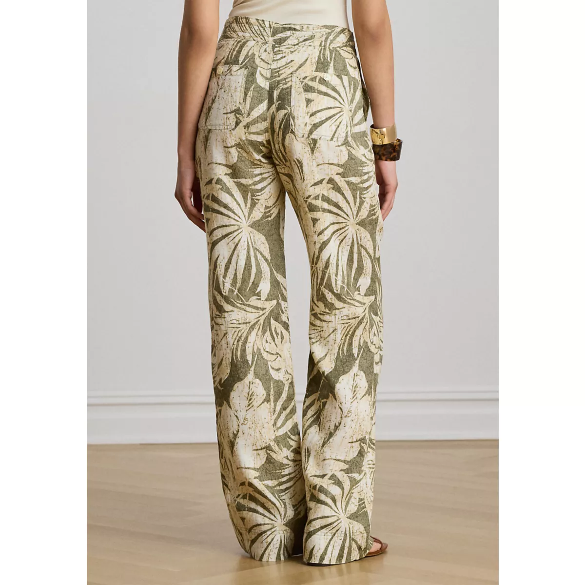 Petite Palm Frond Print Linen Wide Leg Pants - 2