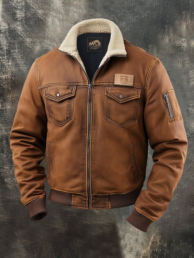 Chaqueta retro clásico desgastado casual Fur cuello bolsillo para hombre
