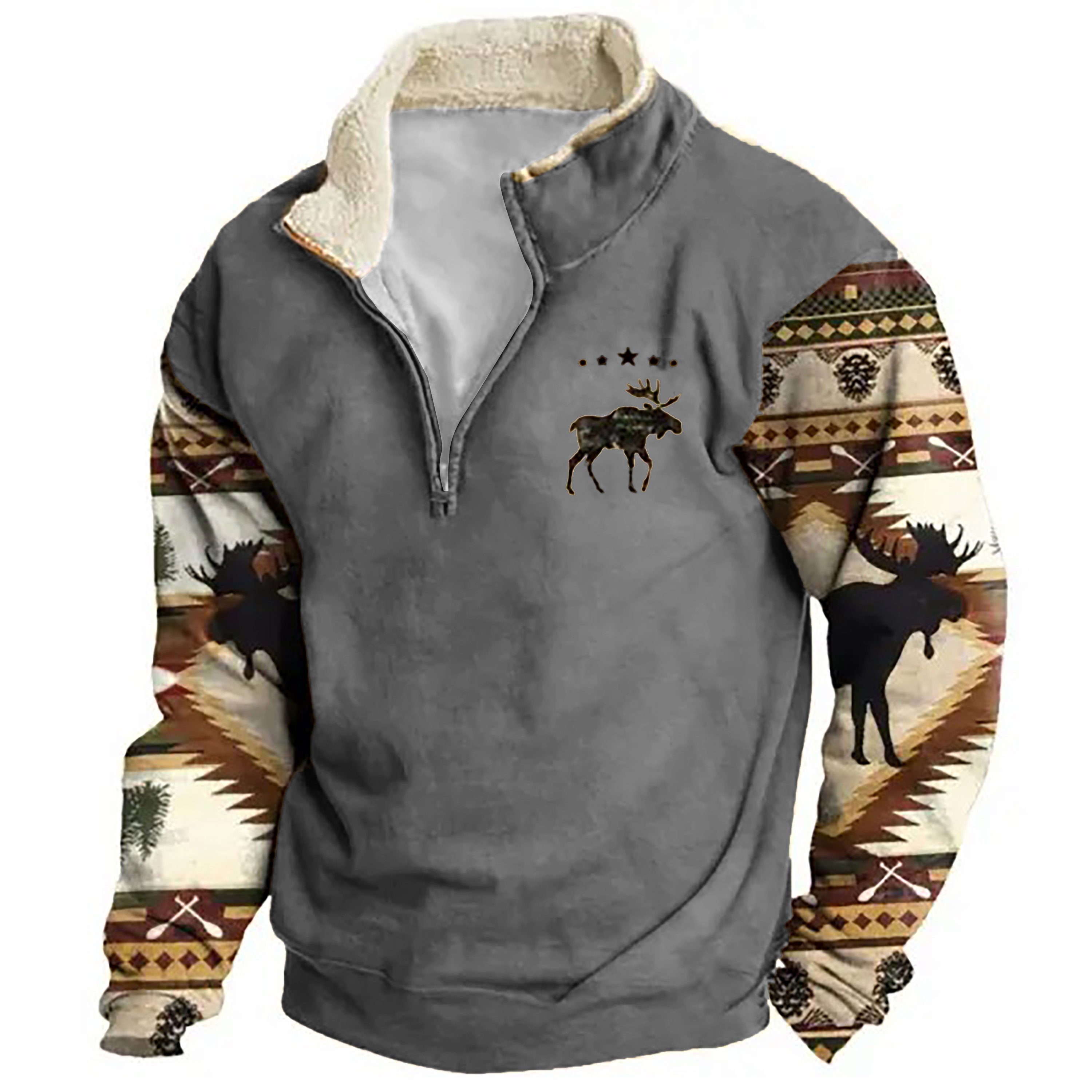 Sudadera retro Moose Creek Ethnic estampado Plush Half Open cuello Pullover para hombre