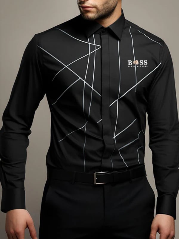 Camisa Mens Street Style ejecutivo casual a rayas Logo de manga larga