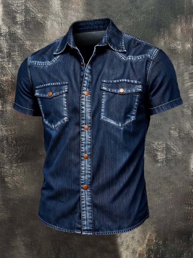 para hombre retro en bloques de color Denim de manga corta camisa