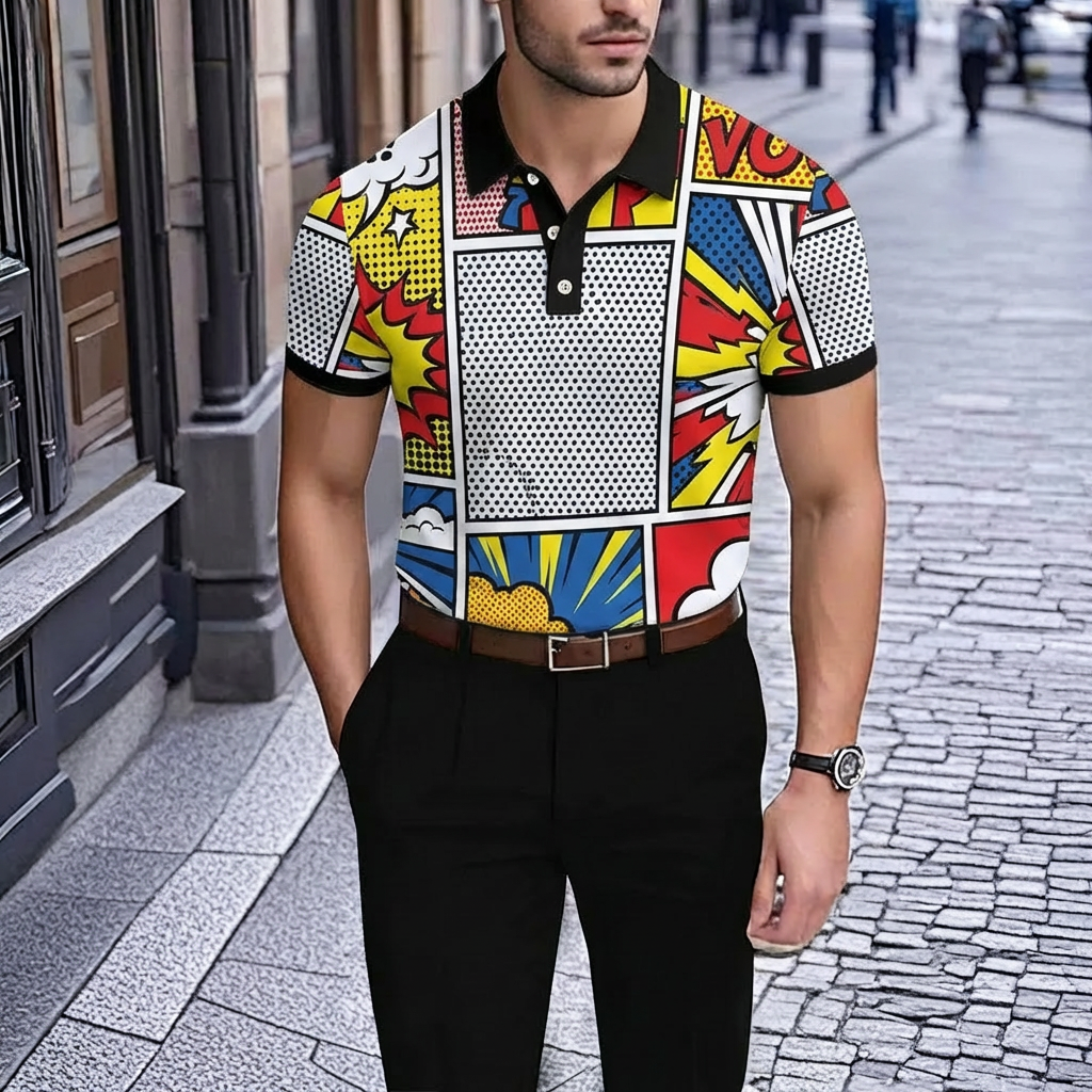 Camisa polo retro White estampado de manga corta para hombre