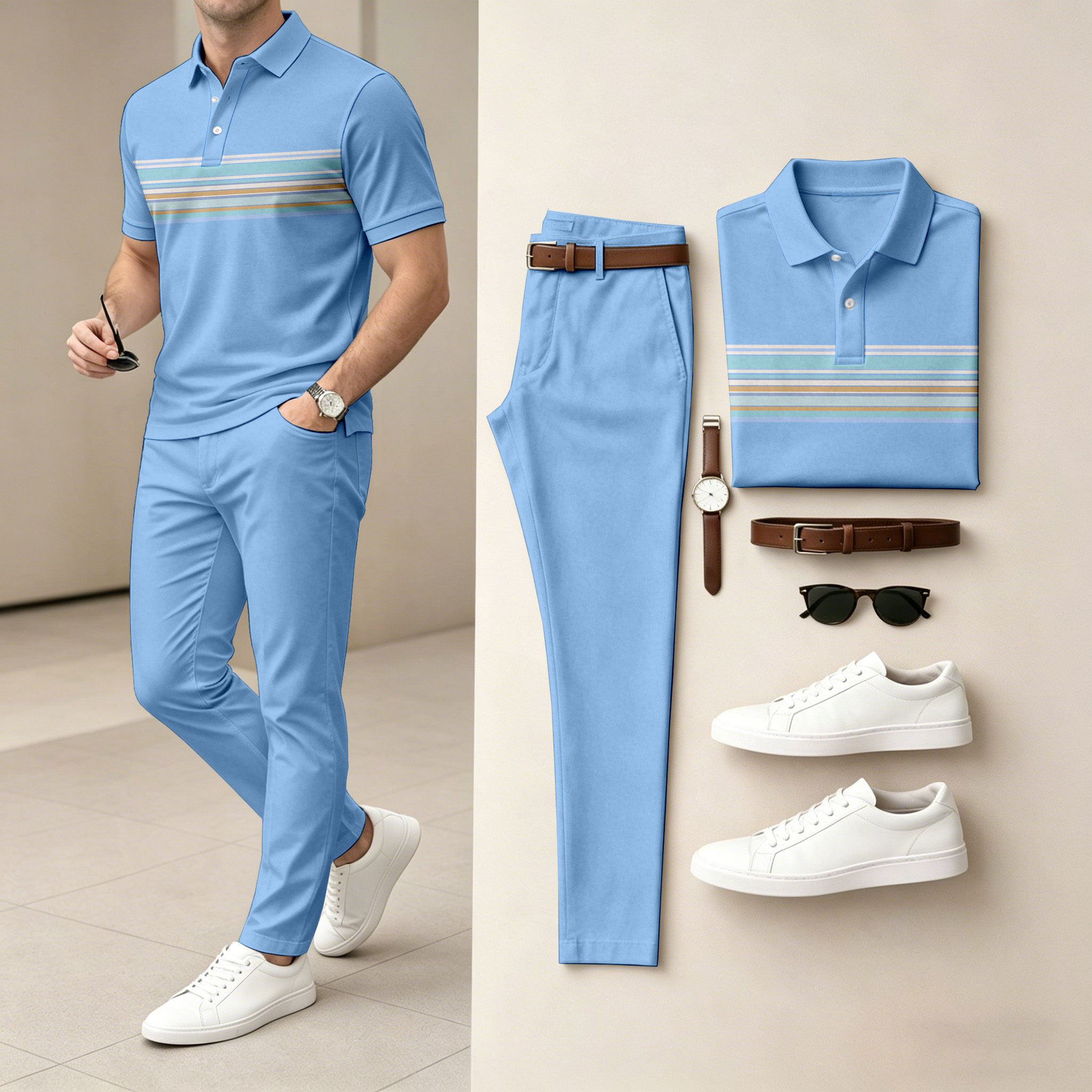 para hombre Blue de manga corta camisa polo and pantalón Set