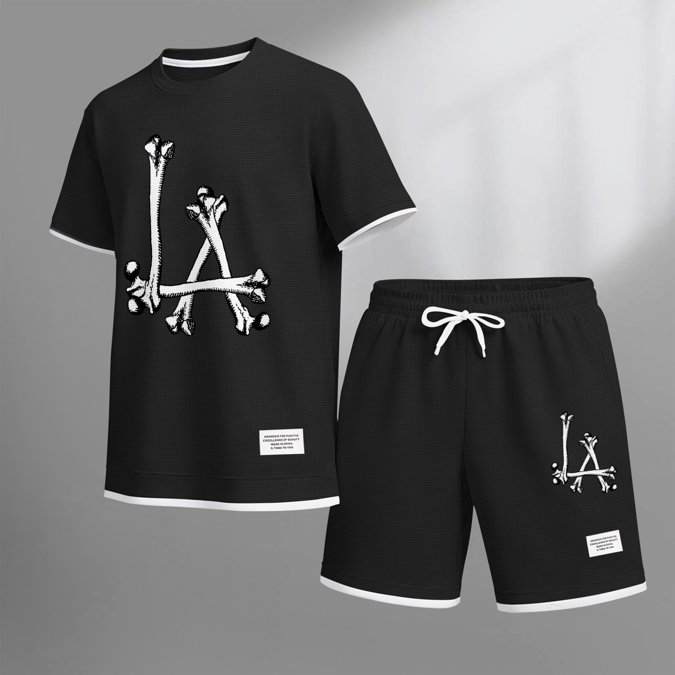 Camisa Streetwear Skeleton estampado Waffle Fabric de manga corta And shorts Set para hombre