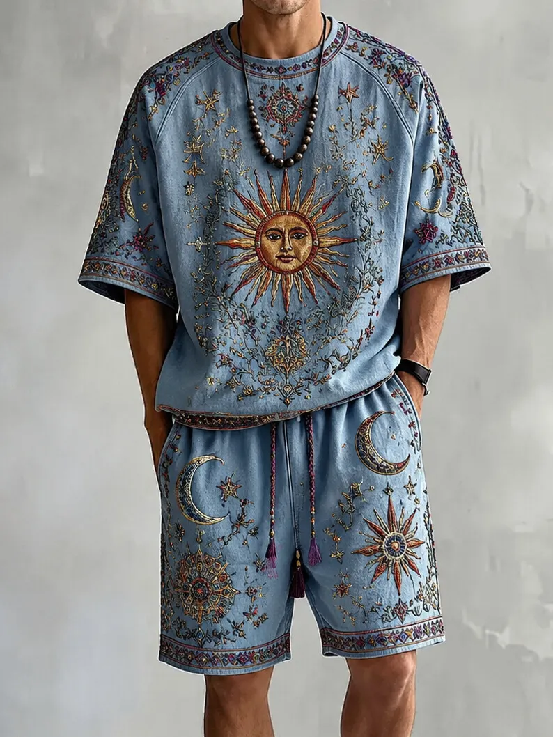 para hombre vintage Boho Sun and Moon Mysticism Print camiseta shorts Set