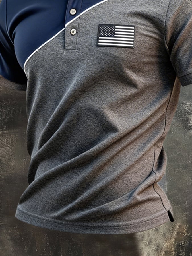 para hombre retro Patriotic Color-Block de manga corta camisa polo