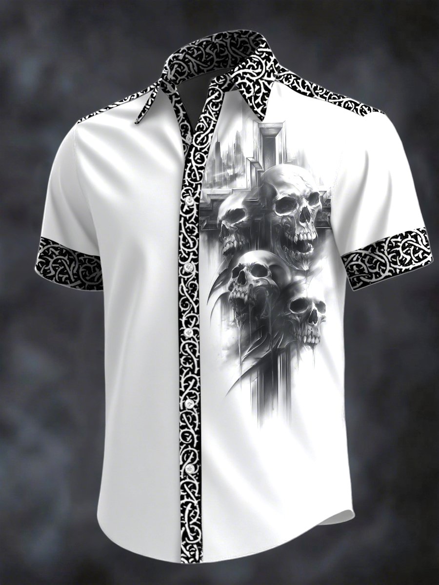 Camisa retro Horror Skull estampado solapa de manga corta para hombre