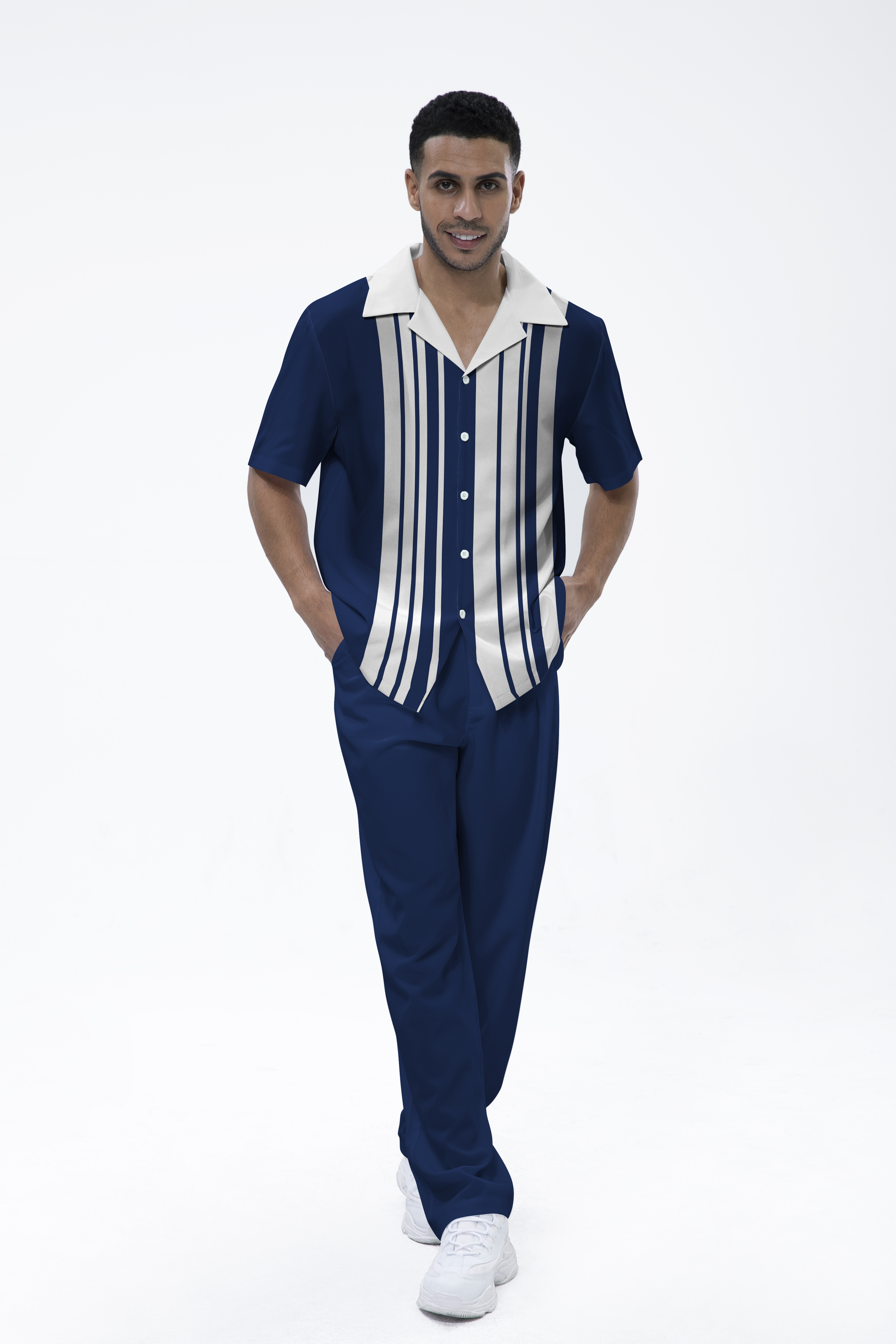Rianmond Vertical rayas estampado de manga corta Walking Suit 203 para hombre