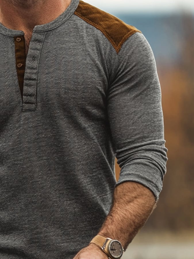 Camisa casual retro casual Colorblock de manga larga Henley para hombre