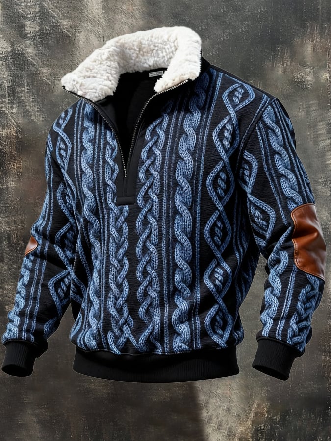 Sudadera retro en bloques de color estampado casual Fur cuello para hombre