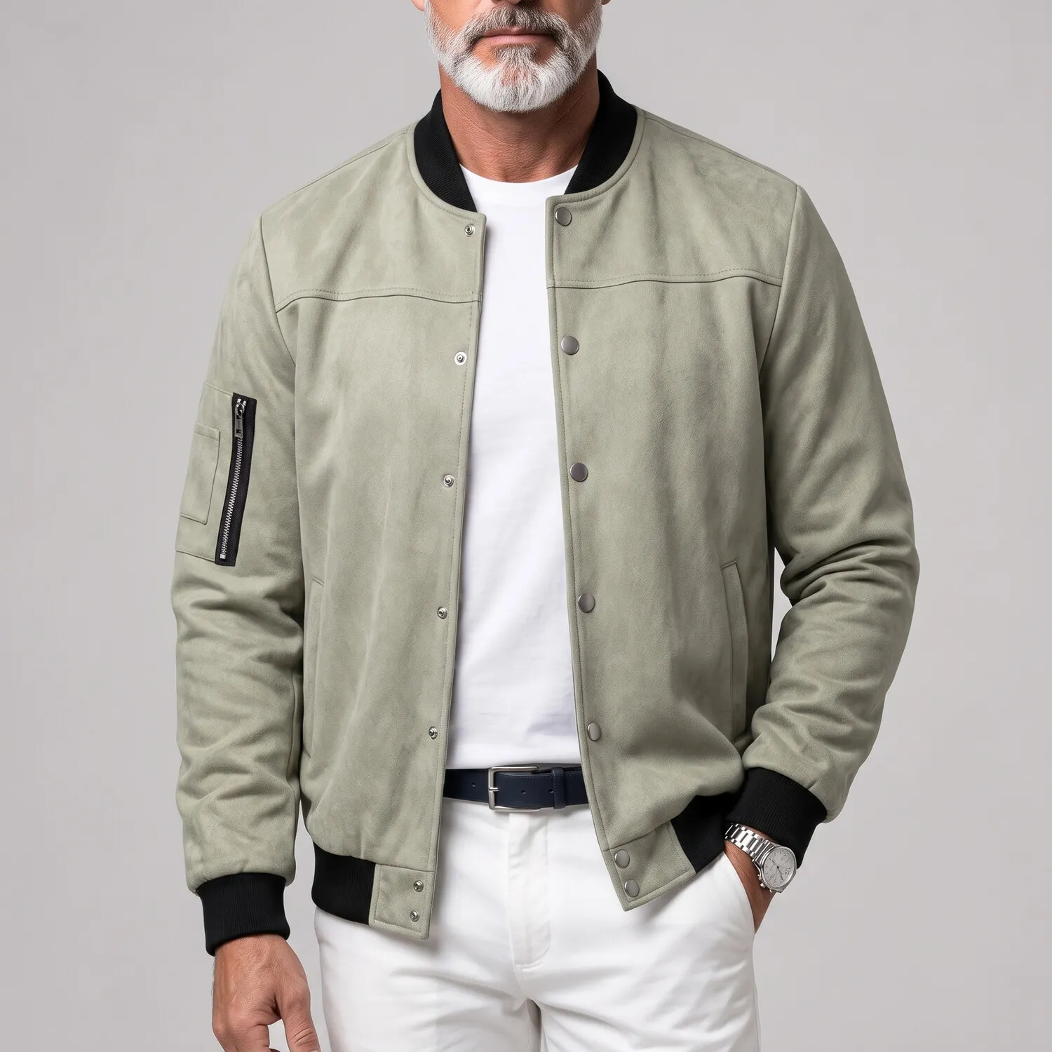 para hombre Suede Stand Collar Zipper Pocket Snap Button casual Bomber chaqueta
