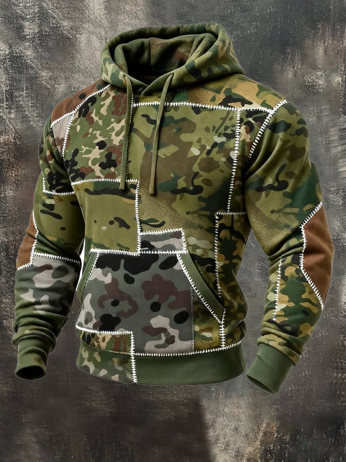 Sudadera retro desgastado en bloques de color camuflaje estampado casual de manga larga para hombre