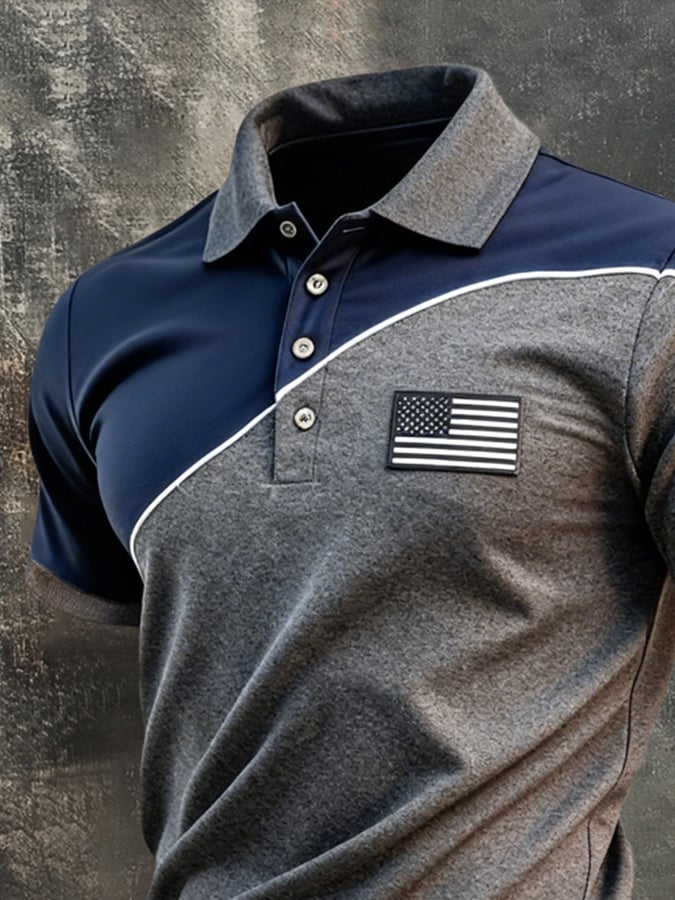 para hombre retro Patriotic Color-Block de manga corta camisa polo