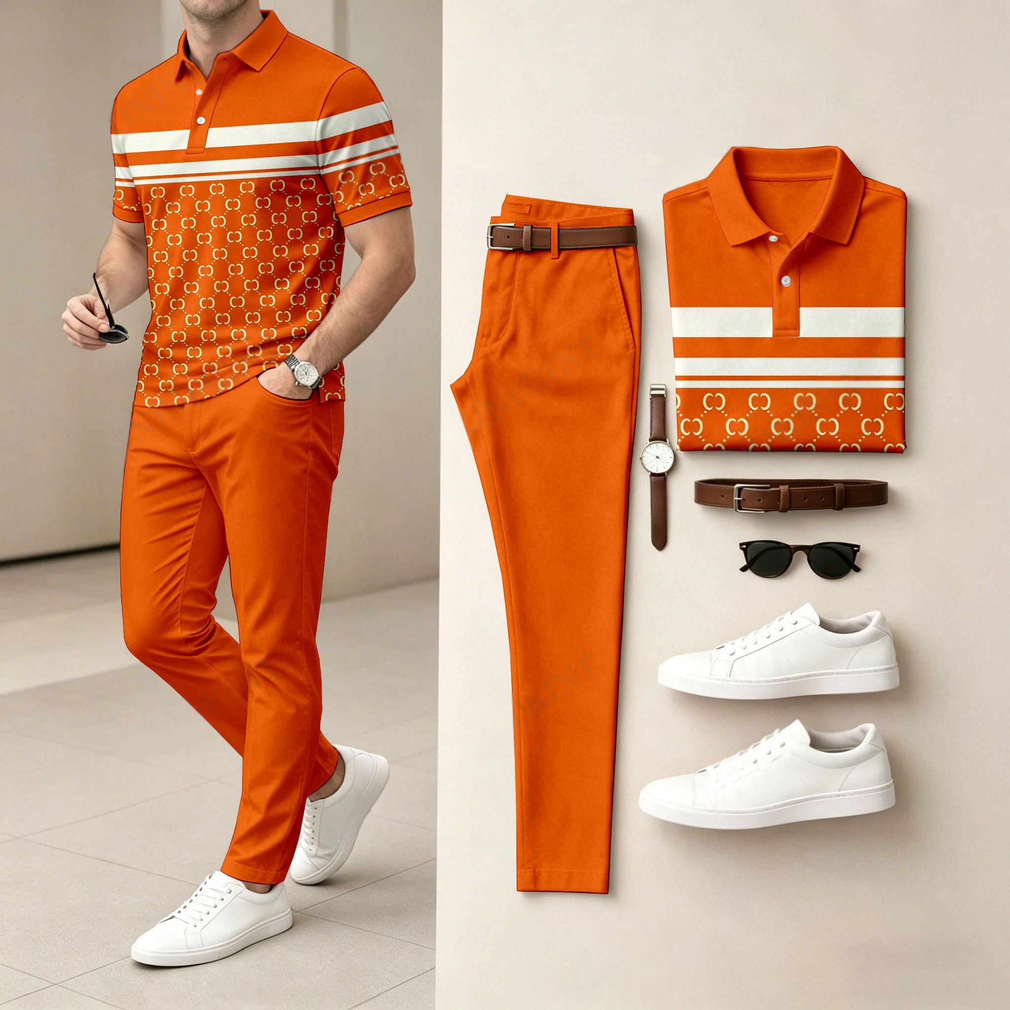 Conjunto de dos piezas casual Contrasting estampado camisa polo And pantalón para hombre