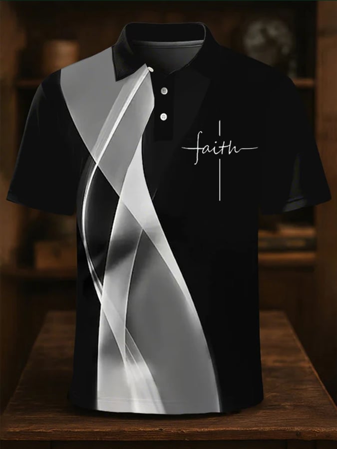 Camisa polo casual wave cross letter estampado para hombre
