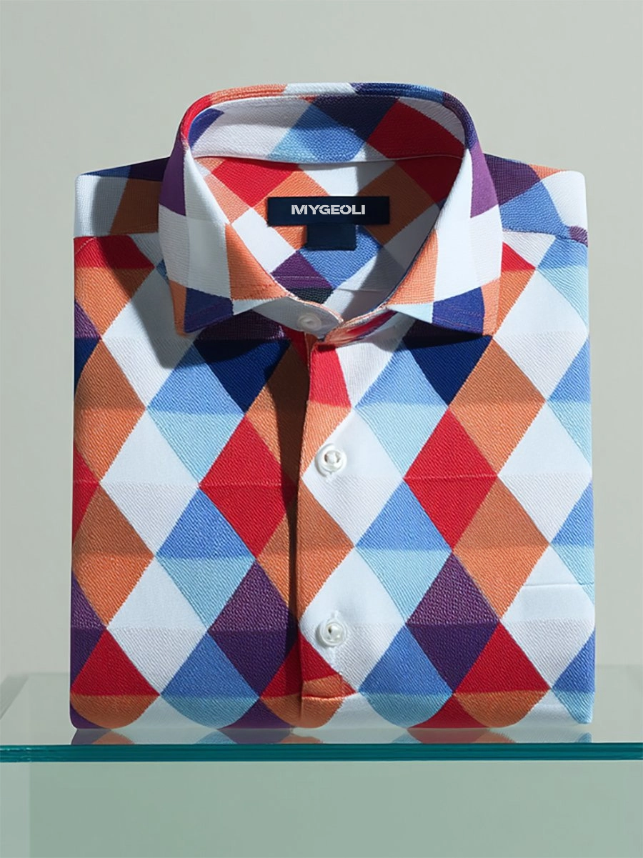 Camisa polo ejecutivo casual geométrico a cuadros Art Button de manga corta para hombre